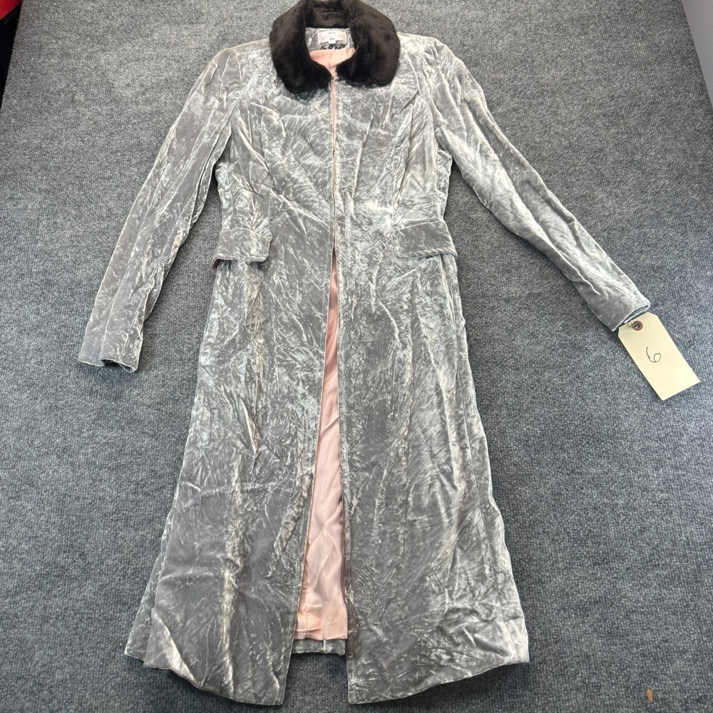 Tocca Gray Crushed Velvet Duster Coat Faux Fur Collar Sony Pictures Prop Womens
